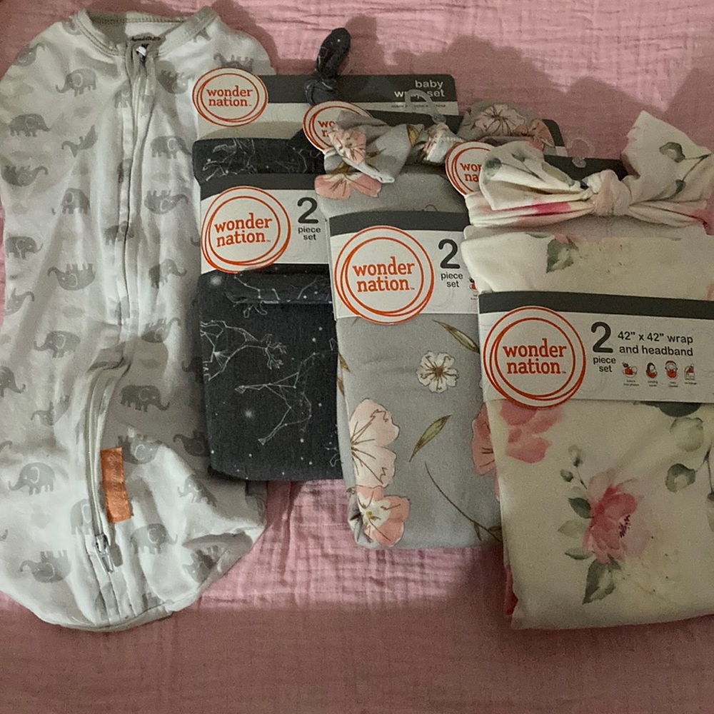 1 0-3 months swaddle. 3 wraps and headband set